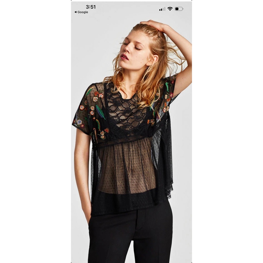 Black Lace Peplum Top with Multicolor Floral Embroidery